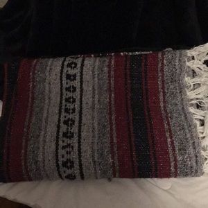 Mexican throw blanket black burgundy grey stripes 77”x54” approximately